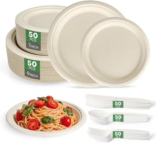 Compostable Plates 9&7 Inch with Cutlery，Heavy Duty Paper Plates 50 Pack, Disposable Dinnerware Sets Biodegradable Sugarcane Bagasse Dinner Plates for Everyday Use, Party, Family (Microwave Safe)
