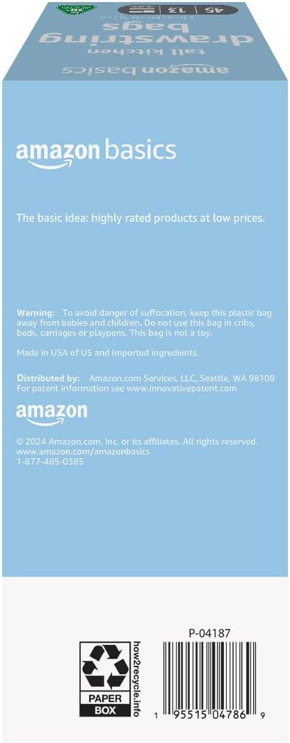 Amazon Basics 13 Gallon Tall Kitchen Drawstring Trash Bags, Clean Fresh Scent, 10% Post Consumer Recycled Material, 45 Count