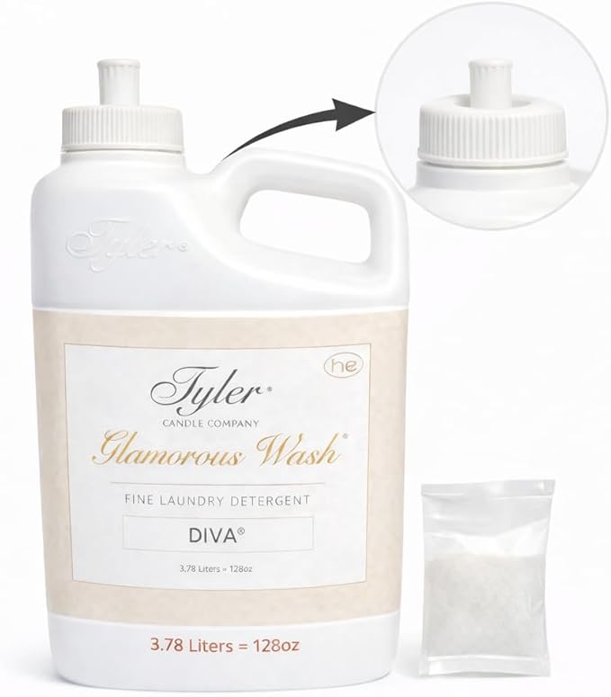 Tyler Candle Glamous legacy Laundry Detergent, Diva, Liquid, 128 Fl Oz HE Safe/with Dryer Sachet Single Pouch, Pull and Pour Spill Proof Cap fh