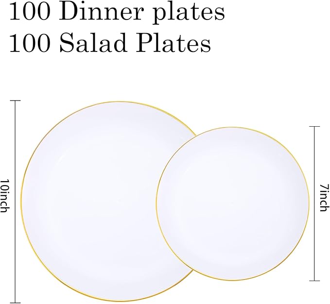 KIRE 200PCS Gold Plastic Plates - Disposable Plates for Party - White Plastic Plates with Gold Rim Include 100 for Dinner and 100 for Dessert/Salad in Wedding/Party/Spring/Graduation