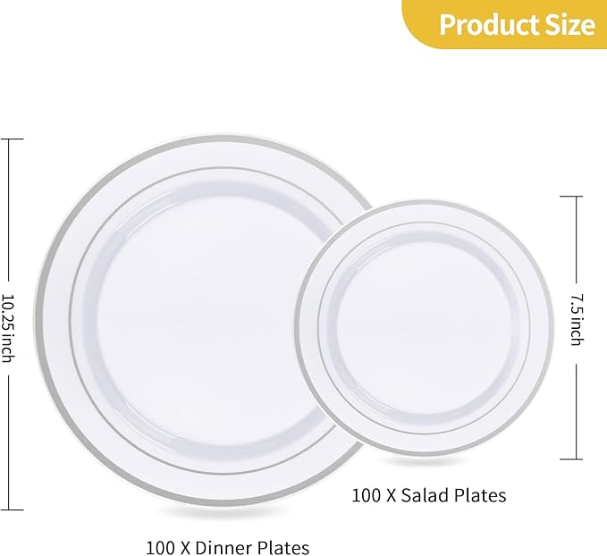 Goodluck 200PCS Silver Plastic Plates,Heavy Duty Disposable Silver Plates with 100 10.25 inch Dinner Plates and 100 7.5 inch Dessert Plates, Disposable Plates for Party, Holiday, Wedding