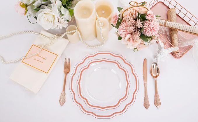 NOCCUR 150PCS Rose Gold Plastic Plates&Rose Gold Silverware-Include 30Dinner Plates, 30Salad plates, 90 Disposable Rose Gold Utensils- Ideal for Weddings/Party/Mother's Day