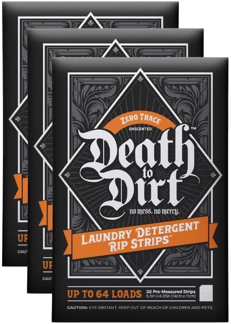 Death to Dirt Laundry Detergent Sheets, 192 Loads, Tough on Stains and Odors, Gentle on Skin and Fabric, Plant-Based & Eco-Friendly, Zero Trace Unscented, 32ct (3 Pack)