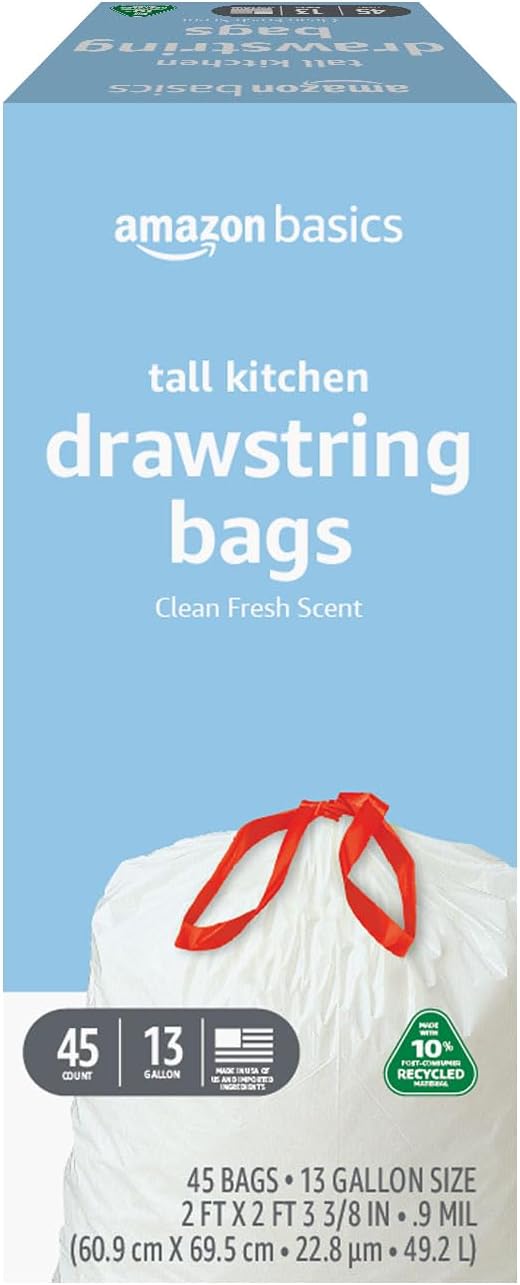 Amazon Basics 13 Gallon Tall Kitchen Drawstring Trash Bags, Clean Fresh Scent, 10% Post Consumer Recycled Material, 45 Count