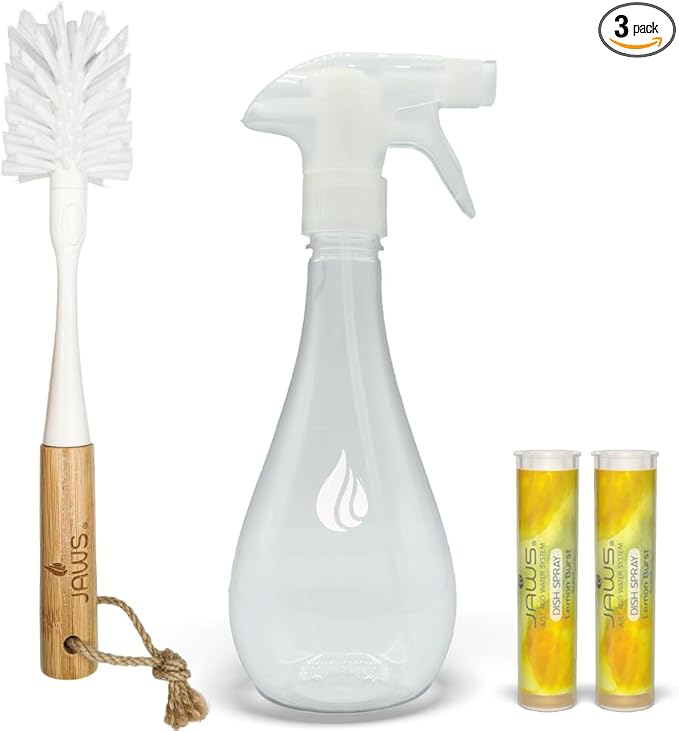 JAWS Dish Spray Cleaner Kit - 15 oz Refillable Bottle, 2 Lemon Scented Refills - Your Solution for Sparkling Dishes, Pots, Pans, Sinks, and Beyond!
