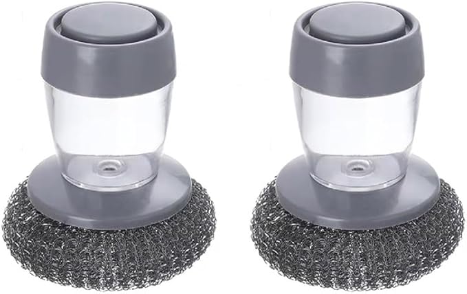 Sakerplus Soap Dispensing Palm Brush,One-Press Kitchen Scrub Brush with Built-in Soap Reservoir,Ergonomic Handheld Dish Cleaning Tool for Plates,Bowls,Glasses&Utensils (2, Steel Wire Material)