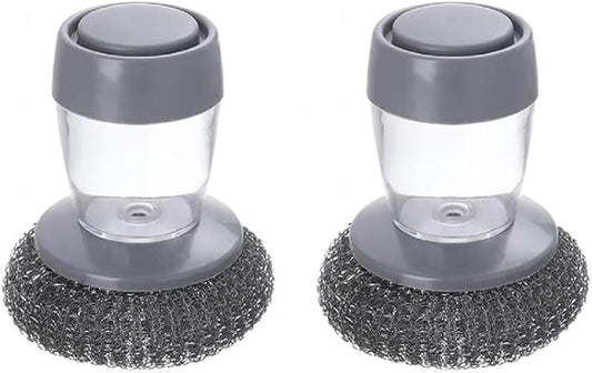 Sakerplus Soap Dispensing Palm Brush,One-Press Kitchen Scrub Brush with Built-in Soap Reservoir,Ergonomic Handheld Dish Cleaning Tool for Plates,Bowls,Glasses&Utensils (2, Steel Wire Material)