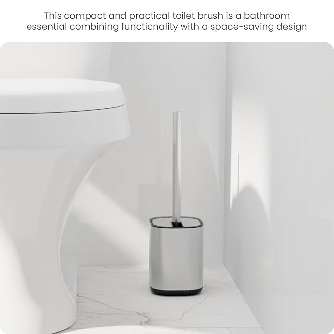 Home Zone Living Toilet Brush with Automatic Lid and Stainless Steel Handle, Compact Bathroom Cleaning Tool
