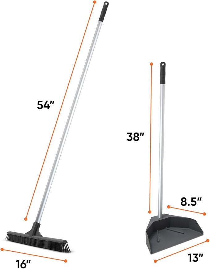 Superio Silicone Dust Pan with 35" Aluminum Long Handle & 16 Pet Hair Remover Silicone Broom - Lobby Dustpan Stand-Up & Carpet Rake Set for Hardwood, Tile, and Rugs - Gray