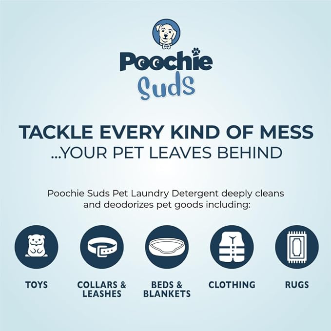 Poochie Suds Pet Laundry Detergent, Enzyme Cleaner and Odor Remover, Hypoallergenic and Fragrance-Free Pet Safe Detergent for Dog and Cat Bedding, Blankets, Toys and Gear, Made in USA, 16 fl oz