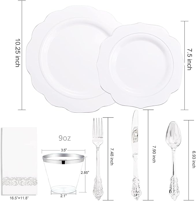 NOCCUR 175pcs Silver Plastic Plates - Silver Rim Plastic Tableware Include 25 Dinner/Dessert Plates, 25 Forks, 25 Knives, 25 Spoons for Wedding/Party