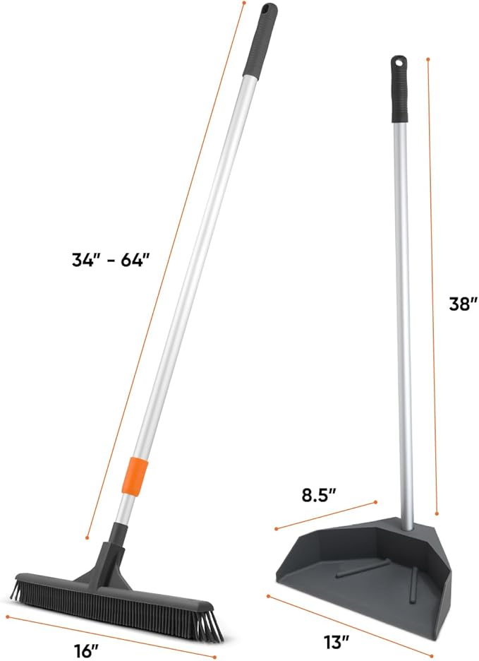 Superio Silicone Broom - Carpet Rake with 35" Long Handle Dustpan Set - Rubber Broom for Pet Hair on Carpet & Hardwood Floors, Stand-Up Dustpan with Aluminum Handle - Gray
