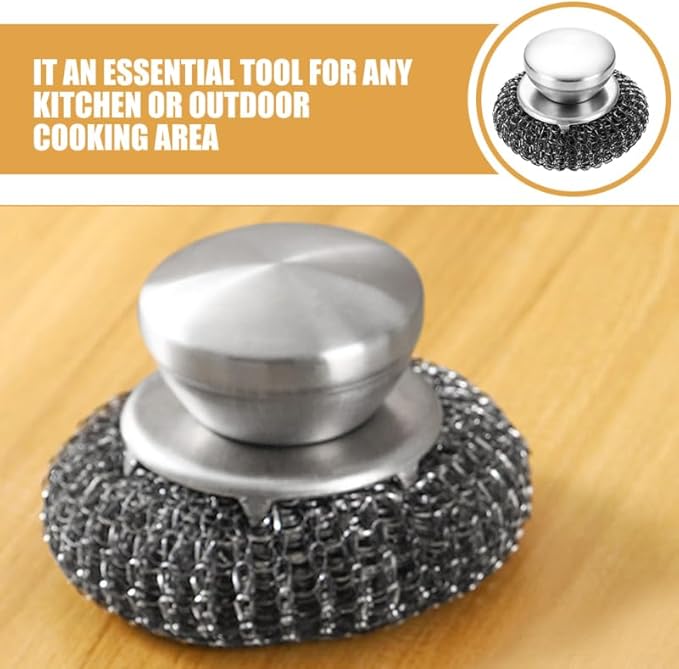 Toyvian Scrubber Brush with Ergonomic Handle, Stainless Steel Heavy Duty BBQ Grill Brush Kitchen Pot Scrubber Non-Scratch Scouring Pad for Cleaning Cast Iron Pots Pans Griddles and Sinks