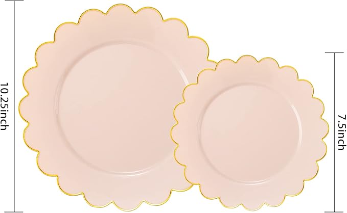 LIYH 60 Pcs Pink Plastic Plates with Gold Pink Plates Disposable Plate Includes 30 Dinner 10.25" and 30 Dessert Plate 7.5" for Baby Shower,Weddings,Parties,Birthday,Mothers Day