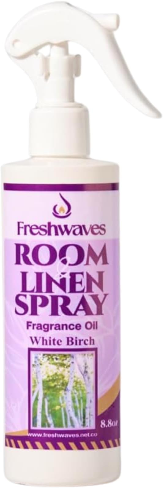 Freshwaves Room & Linen Spray | White Birch Fragrance Oil | 8.8oz Air Freshener | Odor Eliminator for Living Room, Bedroom, Bathroom & Office | White & Purple Bottle