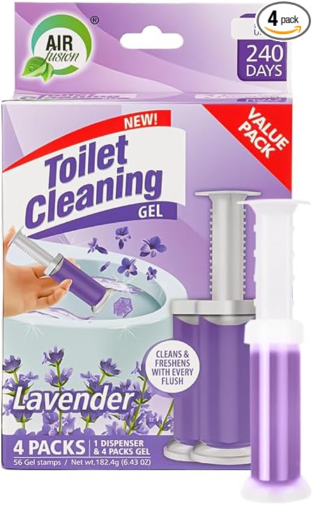Toilet Cleaning Gel Lavender Scent. Pack of 4 (6.43oz) with 56 Gel Stamps for Continuous Toilet Cleaning, Deodorizing & Fruity Freshness.