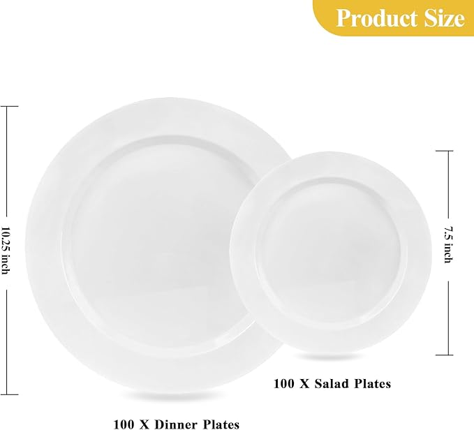 Goodluck 200PCS White Plastic Plates, Heavy Duty Disposable Plates with 100 10.25 inch Dinner Plates and 100 7.5 inch Dessert Plates for Party, Holiday, Wedding