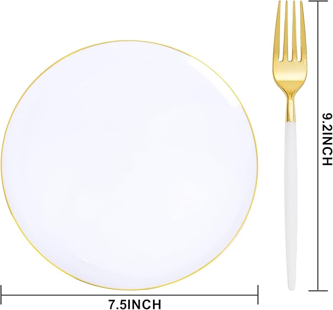 LIYH 96 Pcs White Gold Dessert Plates with Dessert Forks, 48 Plates and 48 Forks, Gold Cake Appetizer Plastic Disposable Plates for Tea Parties, Birthdays, Wedding, Mother's Day
