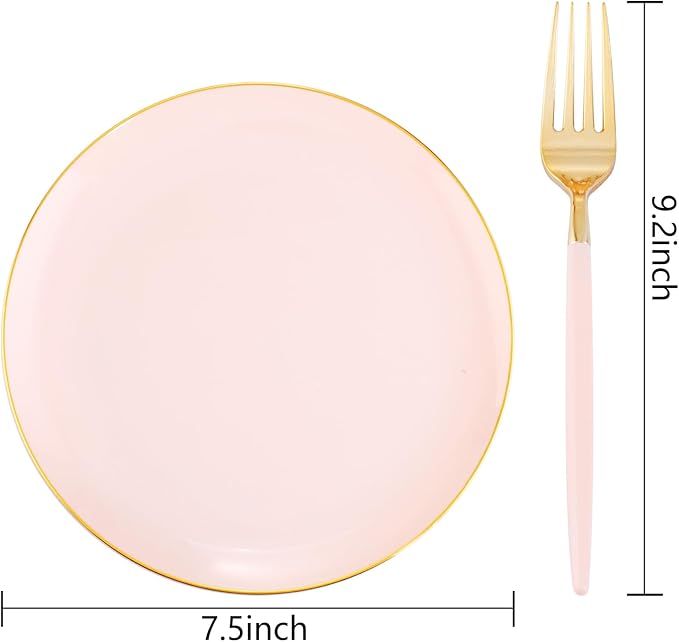 LIYH 96 Pcs Pink Gold Disposable Dessert Plates & Forks Set - 7.5 Inch Salad Cake Appetizer Plastic Plates for Parties, Birthdays, Baby Showers 48 Guests