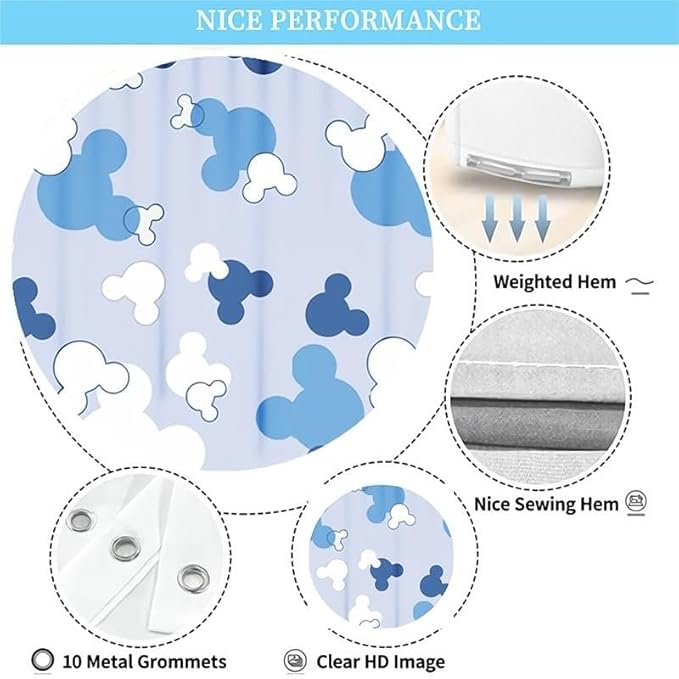 Cartoon Mouse Head Shower Curtain - Kids Bath Curtain Sets - Waterproof Polyester Home Bathtub Decor with 12 Hooks，72x72 Inch Blue,CC-1