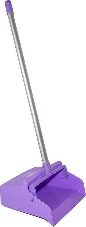 SPARTA Upright Dustpan with Aluminum Handle, Serrated Edge for Broom Combing, Secure Yoke Lock with Easy Storage Hanging Hole for Commercial Cleaning, Plastic, 30 Inches, Purple