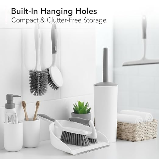 OVENTE Multipurpose Household Cleaning Kit, Deep Cleaning Brush Set with Wiper & Dustpan, Ergonomic Handle & Stiff Bristles, Ideal for Cleaning Kitchen, Bathroom, Dishes, Tiles & Sink, White CTB018WGY