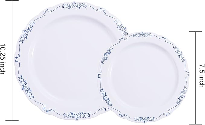 DaYammi 60PCS Blue and White Plastic Plates Blue Rim White Disposable Plates Blue White Party plates Include:30 Plastic Dinner Plate 30 Dessert plate and Wedding & Party Dining
