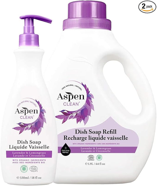 AspenClean | Dish Soap & Refill | Lavender and Lemongrass | Liquid Dishwashing Detergent Soap | Non - Toxic | 100% Natural | EWG Verified | 64 fl oz - Refills Over 3.5 Standard Soap Bottles
