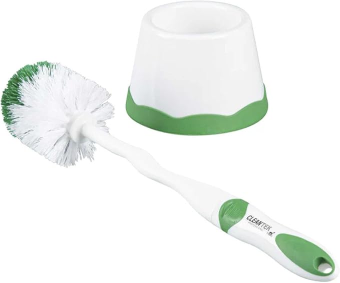 Restaurantware Toilet Brush with Caddy 1 Pack 15.7 x 4.9 x 4.9 Inches Plastic Toilet Scrubber with Holder Compact Brush Set Comfortable Grip Green and White Bathroom Scrubber