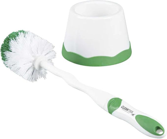 Restaurantware Toilet Brush with Caddy 1 Pack 15.7 x 4.9 x 4.9 Inches Plastic Toilet Scrubber with Holder Compact Brush Set Comfortable Grip Green and White Bathroom Scrubber