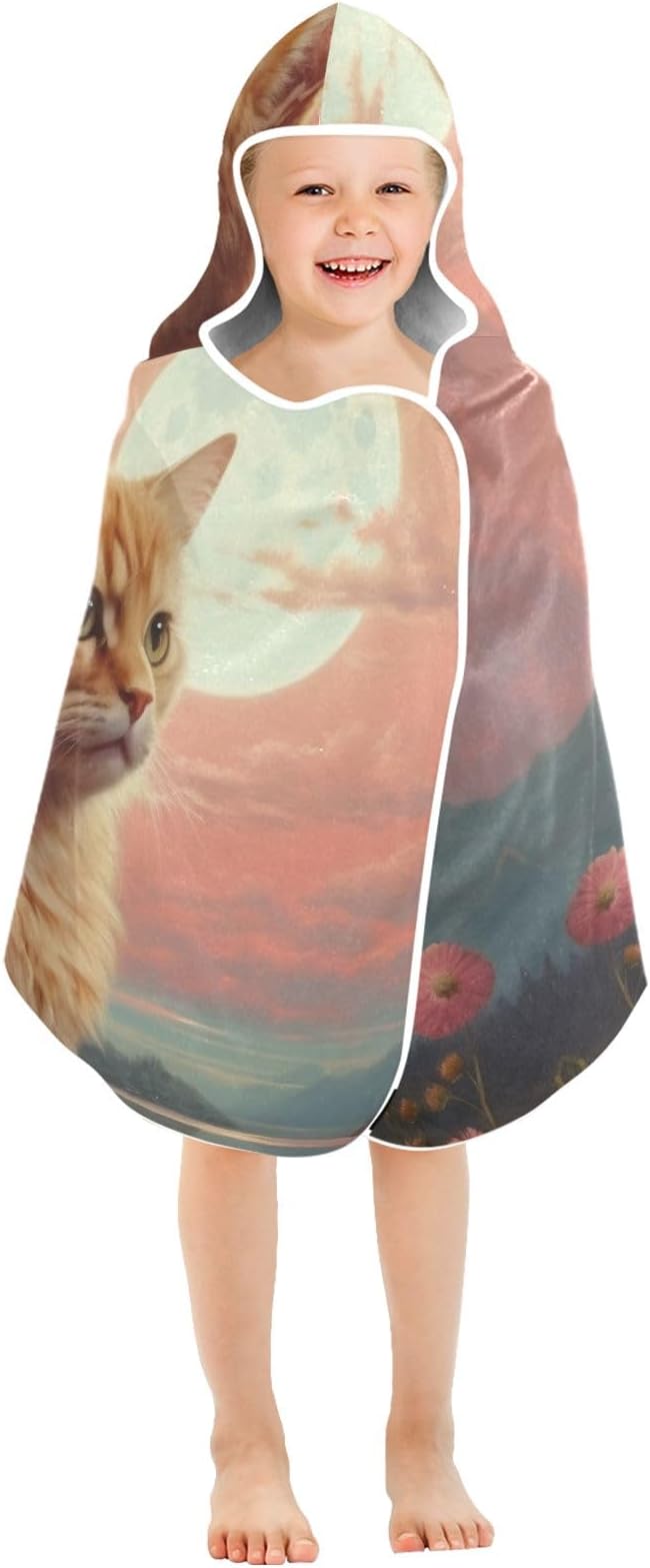 Hooded Towel for Kids Orange Cat and Pink Flowers Near The River Beach Wrap Bath Towels 50x23.5in