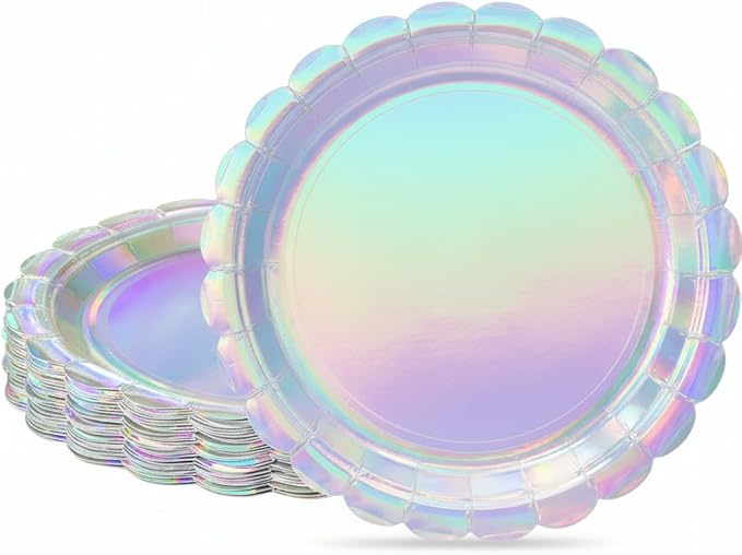 NatNarr 30 Pcs Iridescent Paper Plates Disposable 7 Inch Scalloped Holographic Plates Sliver Cake Dessert Plate for Graduation, Birthday, Mermaid, Disco
