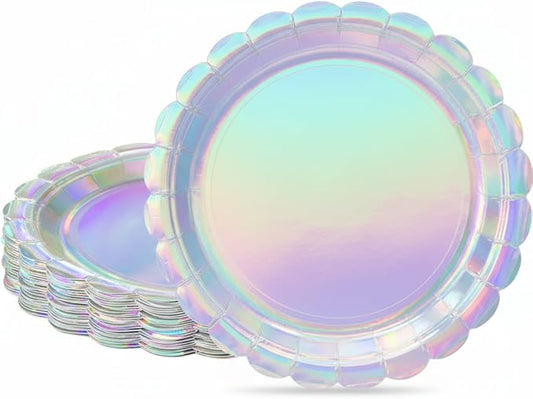 NatNarr 30 Pcs Iridescent Paper Plates Disposable 7 Inch Scalloped Holographic Plates Sliver Cake Dessert Plate for Graduation, Birthday, Mermaid, Disco