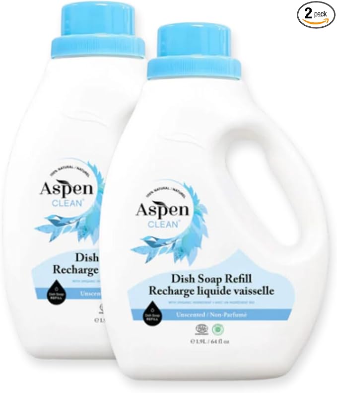 AspenClean | Dish Soap Refill | Unscented | Liquid Dishwashing Detergent Soap | Non - Toxic | 100% Natural | EWG Verified | 64 fl oz each (2-pack)