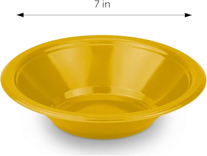 DecorRack 24 Small Plastic Bowls, 7 inch Disposable 12 oz Serving Bowl, Fruit Snack, Popcorn, Soup, and Salad, Kids Birthday and Holiday Party Supplies, Yellow (Pack of 24)