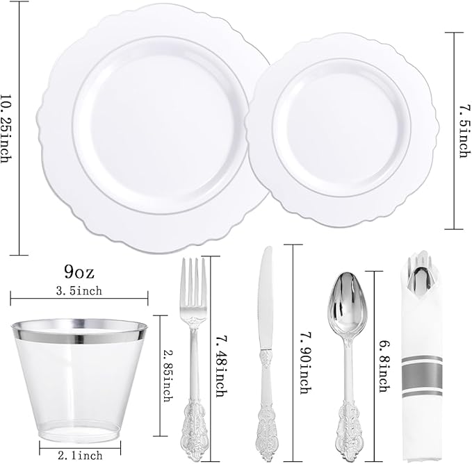 Liacere 350PCS Silver Plastic Plates-Disposable White and Silver Plates 50guest Baroque Plastic Dinnerware Set include 100Plates, 50Pack Pre Rolled Napkins with Silverware 50Cups Perfect for Wedding