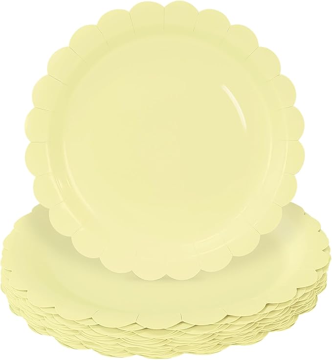 HEIPINIUYE 25 Pieces Yellow Paper Plates 7 Inch Yellow Scalloped Plates Disposable Dinner Plate for Wedding Baby Shower Birthday Party Dessert Plate