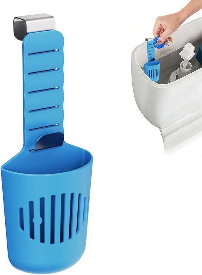 Adjustable Toilet Tank Tablet Holder, Hanging Controlled Release Bleach Tablet Dispenser, Large Silicone Basket Carrier with Rustproof Hooks for Toilet Tank, Fit Up to 7" Water Level,Blue