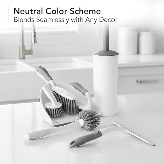 OVENTE Multipurpose Household Cleaning Kit, Deep Cleaning Brush Set with Wiper & Dustpan, Ergonomic Handle & Stiff Bristles, Ideal for Cleaning Kitchen, Bathroom, Dishes, Tiles & Sink, White CTB018WGY