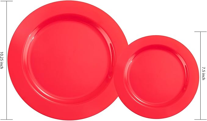 FLOWERCAT 60PCS Red Plastic Plates - Heavy Duty Red Plates Disposable for Party - Include 30PCS 10.25inch and 30PCS 7.5inch for 30 guests Birthday Party & Mother's Day &Events& July 4th