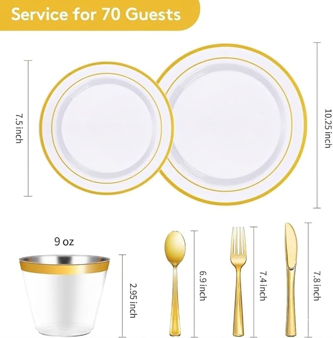 Goodluck 420 Pieces Gold Disposable Plates for 70 Guests, Plastic Plates for Party, Dinnerware Set of 70 Dinner and 70 Dessert Plates, 70 Spoons, 70 Forks, 70 Knives, 70 Cups