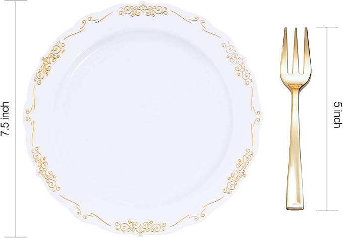 LIYH 200 Pcs Gold Dessert Plates,100 Pcs Appetizer Plates 7.5" and 100 Pcs Gold Plastic Forks 5", Cake Plates, Disposable Salad Plate Wedding Cake Plate Forks for Parties, Birthdays, Wedding
