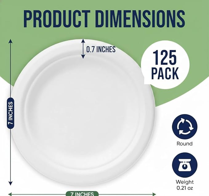 125 Pack 7 inch Paper Plates, Heavy-Duty Disposable Paper Plates 100% Compostable - Biodegradable Bagasse Dessert Plates Bulk for Party, Wedding, Snacks, Natural (7 Inch 125 Pack White)