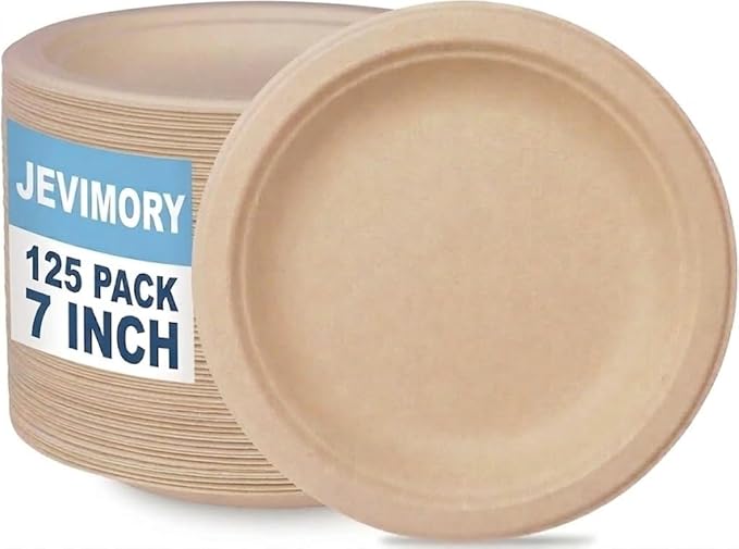 125 Pack 7 inch Paper Plates, Heavy-Duty Disposable Paper Plates 100% Compostable - Biodegradable Bagasse Dessert Plates Bulk for Party, Wedding, Snacks Natural (7 Inch 125 Pack Brown)