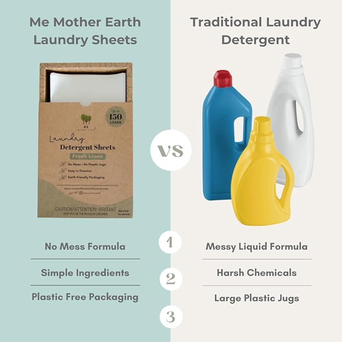 ME Mother Earth Laundry Detergent Sheets Essential for Travel, No Mess, Space Saving, Convenient, Concentrated, Liquidless, Hypoallergenic, Plastic-Free, Eco-Friendly (Fresh Linen 150 Loads)