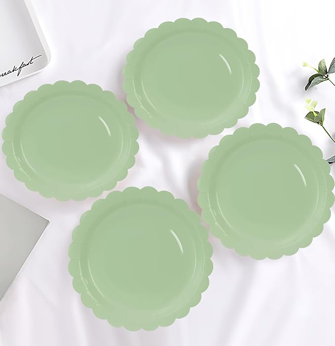 HEIPINIUYE 25 Pieces Sage Green Paper Plates 9 Inch Sage Scalloped Plates Disposable Dinner Plate for Wedding Baby Shower Birthday Party Dessert Plate