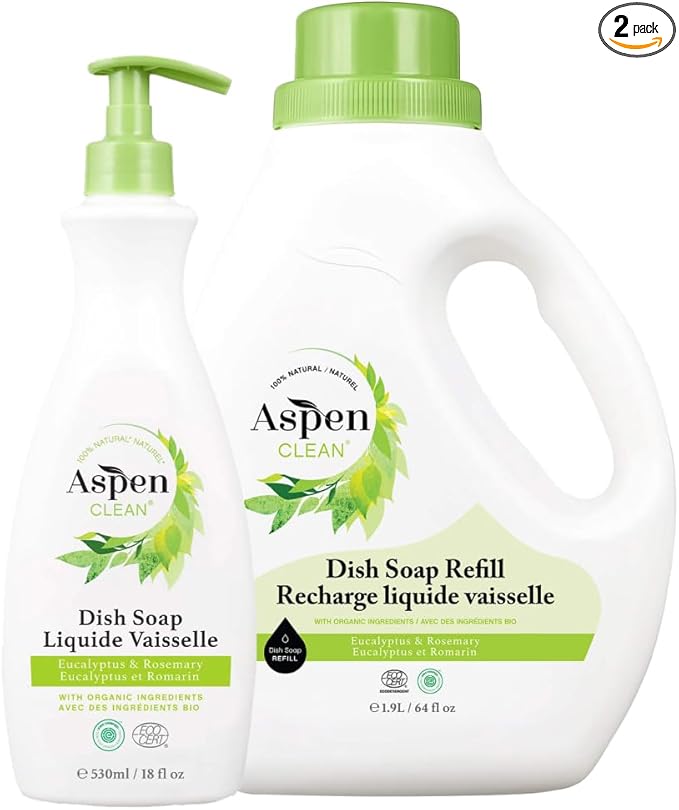 AspenClean | Dish Soap & Refill | Eucalyptus and Rosemary | Liquid Dishwashing Detergent Soap | Non - Toxic | 100% Natural | EWG Verified | 64 fl oz - Refills Over 3.5 Standard Soap Bottles