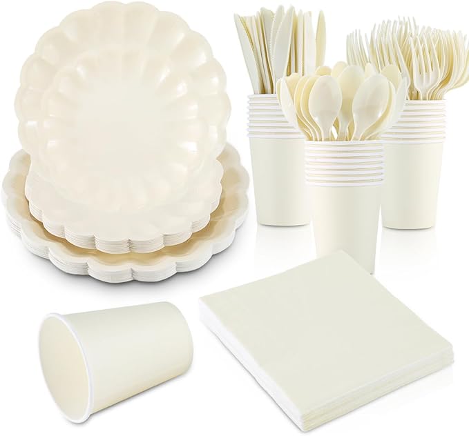 168Pcs Party Plates and Cups and Napkins Sets for 24 Guest Scalloped Paper Plates and Napkins Knives Spoons Forks Cups Disposable Party Set Cutlery for Dinner Baby Shower Wedding Favor(Cream White)