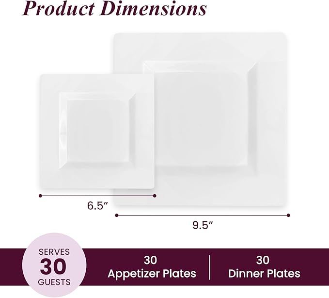 Aya's 60ct Square Plastic Disposable Plates, White - 9.5-Inch 30 Dinner and 6.5-Inch 30 Salad Plates for Party - Heavy-Duty Hard Plastic Design for Wedding, Event, Christmas, and Thanksgiving