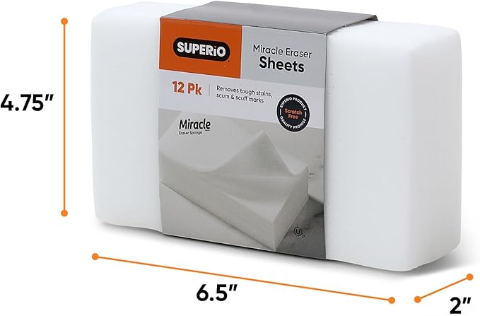 Superio Miracle Eraser Thin Sheets - 12 Count - Multi-Surface Cleaning Pads, No Chemicals Needed, Scratch-Free